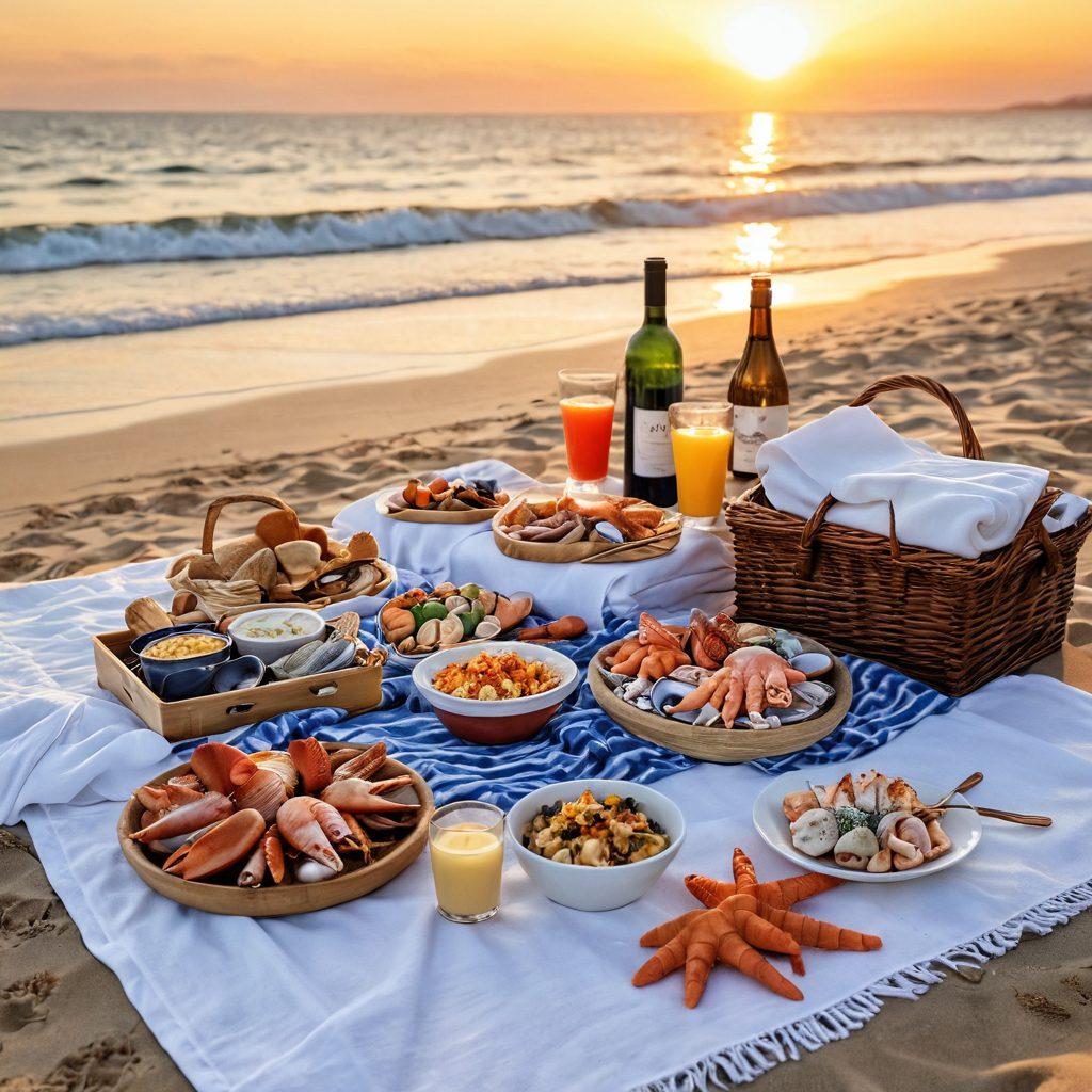 A picturesque beach scene featuring stylish beach attire displayed beautifully on a sandy shore, complemented by an array of mouth-watering seafood dishes elegantly arranged on a picnic blanket. The sun setting on the horizon casts a warm glow, enhancing the vibrant colors of the outfits and food. Seashells and beach accessories scattered around add charm and sophistication. Create an inviting atmosphere that captures the joy of beach dining. super-realistic. vivid colors. warm lighting.