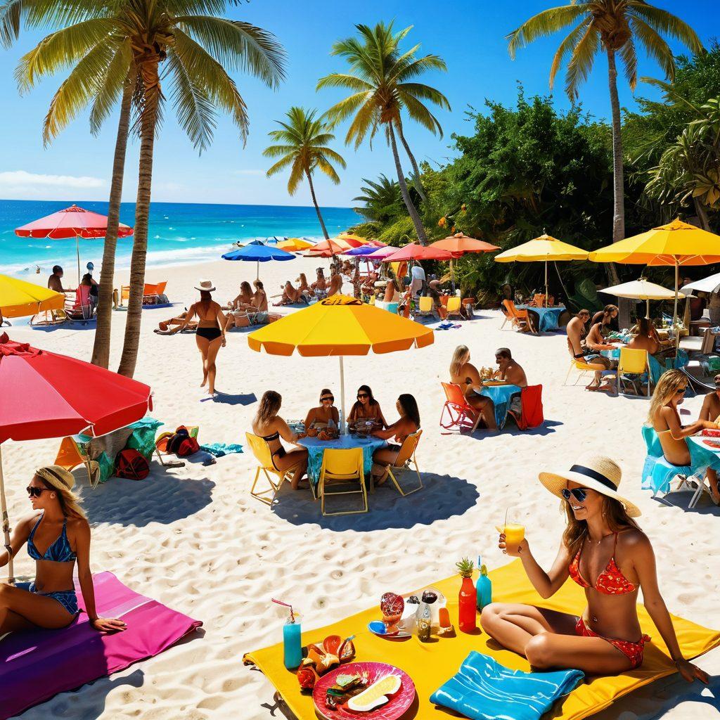 A lively beach scene showcasing stylish summer bikinis in various vibrant colors, adorned with tropical patterns. Include beach-goers enjoying delightful dining options from colorful food stalls, with appetizing dishes displayed. Bright sun, golden sand, and palm trees create a carefree atmosphere. Add some beach accessories like sunglasses and hats scattered around. super-realistic. vibrant colors. white background.