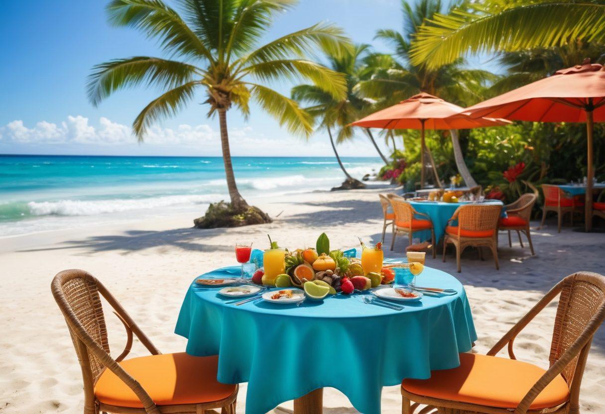A vibrant beachside dining scene featuring a lavish table set with tropical fruits, fresh seafood, and colorful cocktails. In the background, lush palm trees sway under a bright blue sky, with waves gently lapping at the shore. Sunlight sparkles on the water, creating a warm and inviting atmosphere. Guests are enjoying their meal, dressed in light, summery attire. Emphasize warm colors and a lively, cheerful ambiance. super-realistic. vibrant colors.